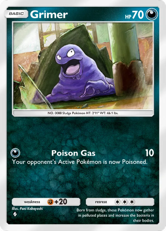 Grimer, Genetic Apex #174, Basic Darkness Pokémon, illustrated by Pani Kobayashi
