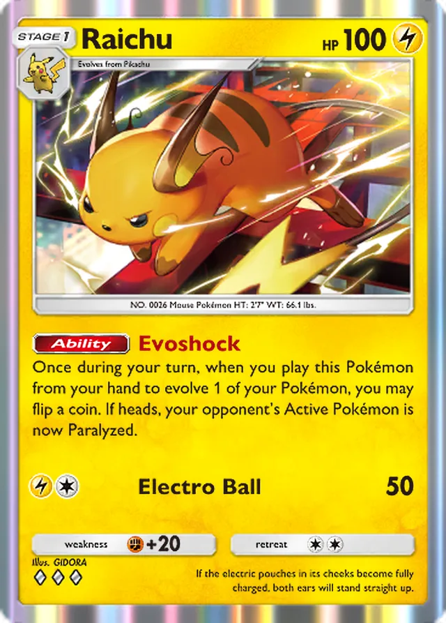 Raichu, Ruler of the Skies #050, Stage 1 Lightning Pokémon, illustrated by GIDORA