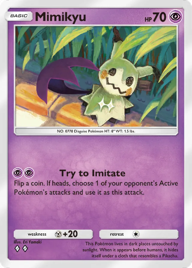 Mimikyu, Eevee Grove #035, Basic Psychic Pokémon, illustrated by Eri Yamaki