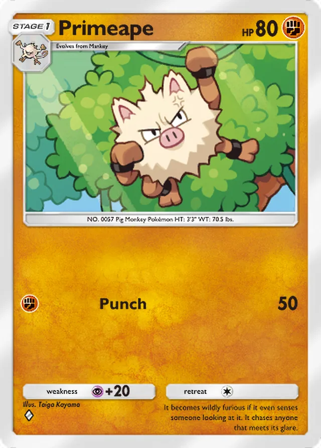 Primeape, Mythical Island #042, Stage 1 Fighting Pokémon, illustrated by Taiga Kayama