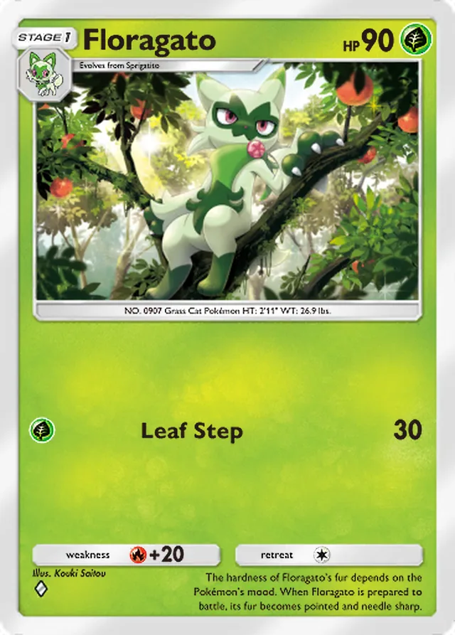 Floragato, Paldean Wonders #002, Stage 1 Grass Pokémon, illustrated by Kouki Saitou