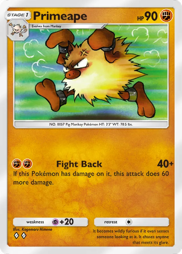 Primeape, Genetic Apex #142, Stage 1 Fighting Pokémon, illustrated by Kagemaru Himeno