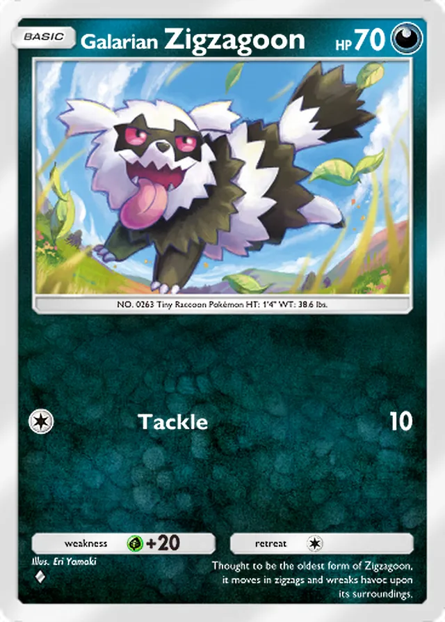 Galarian Zigzagoon, Ruler of the Skies #095, Basic Darkness Pokémon, illustrated by Eri Yamaki