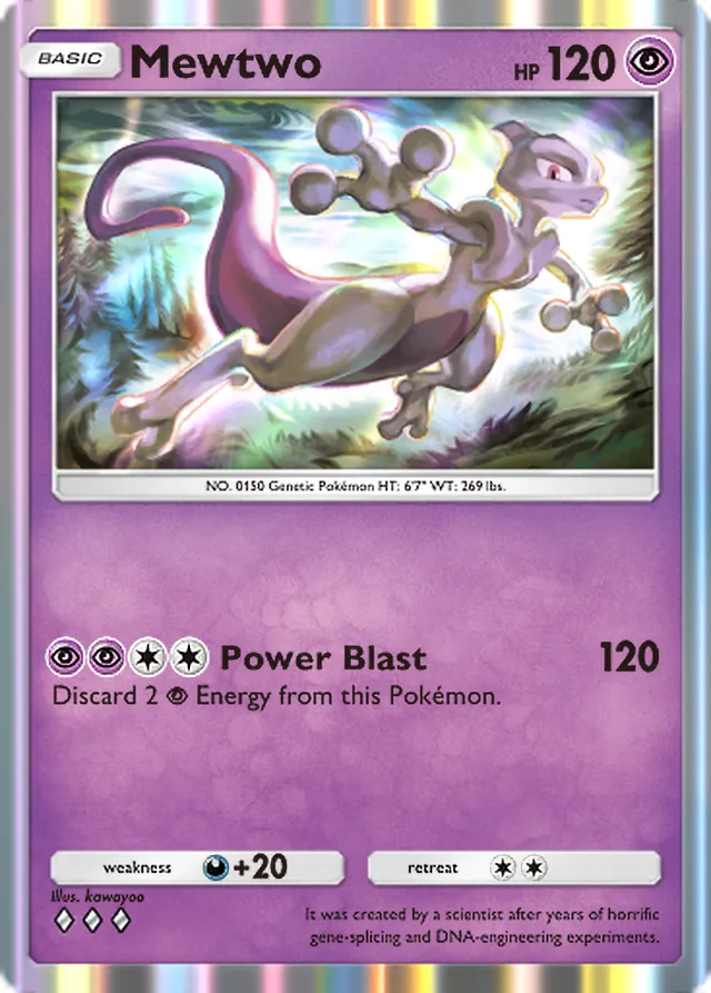 Mewtwo, Genetic Apex #128, Basic Psychic Pokémon, illustrated by kawayoo