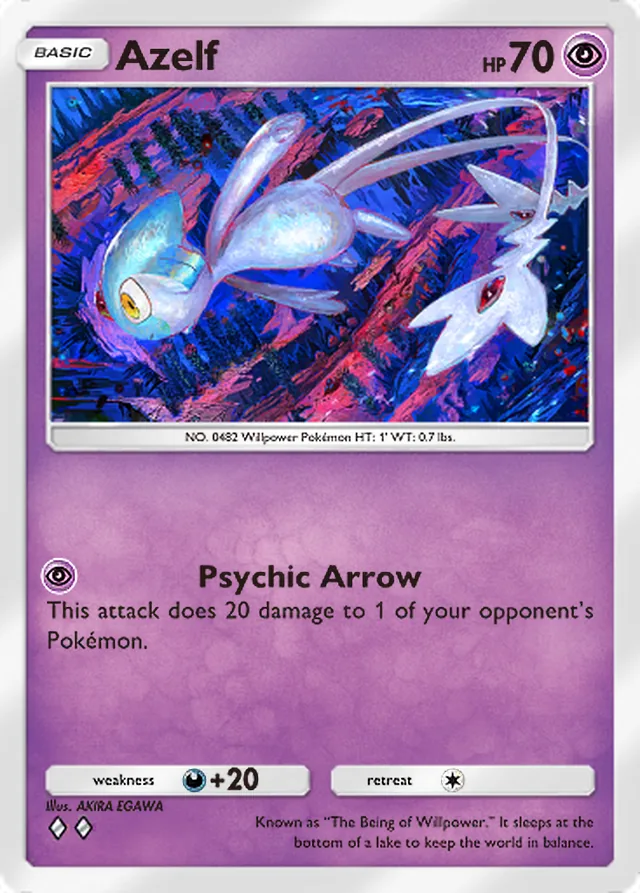 Azelf, Space-Time Smackdown #077, Basic Psychic Pokémon, illustrated by AKIRA EGAWA