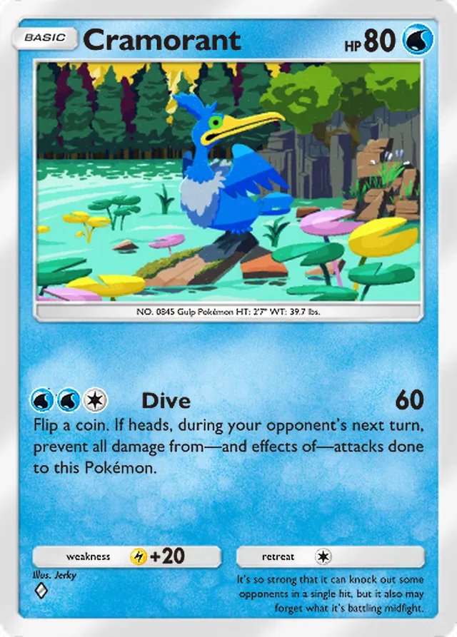 Cramorant, Mythical Island #024, Basic Water Pokémon, illustrated by Jerky