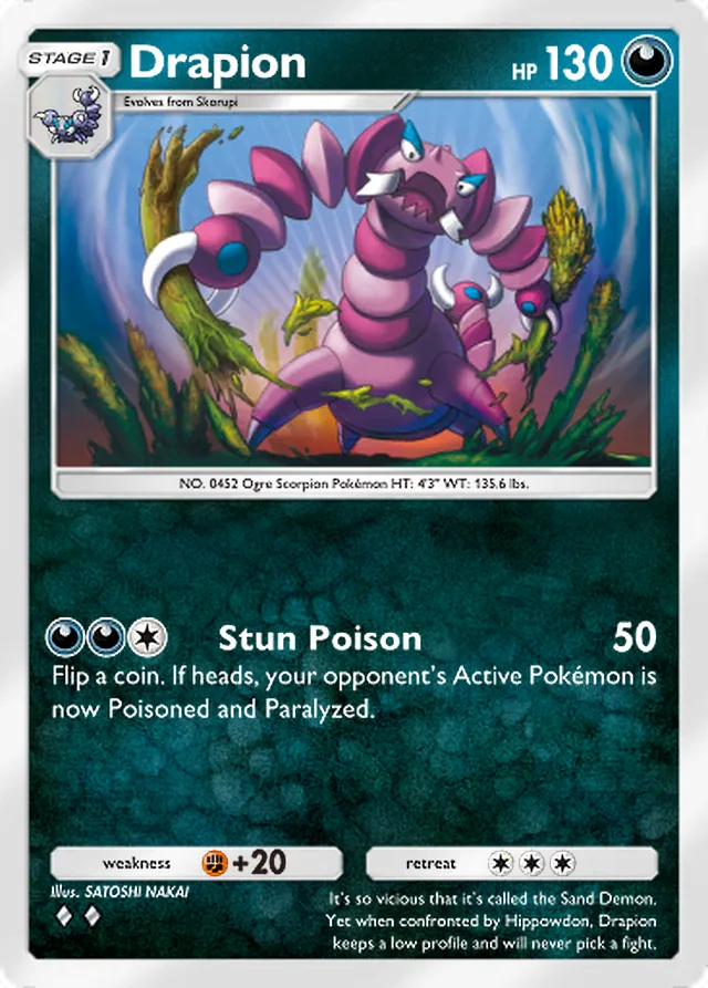 Drapion, Mega Rising #153, Stage 1 Darkness Pokémon, illustrated by SATOSHI NAKAI