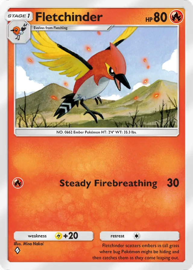 Fletchinder, Celestial Guardians #028, Stage 1 Fire Pokémon, illustrated by Mina Nakai