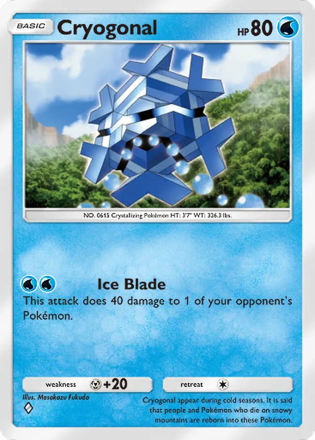Cryogonal, Secluded Springs #024, Basic Water Pokémon, illustrated by Masakazu Fukuda