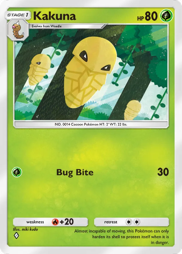 Kakuna, Genetic Apex #009, Stage 1 Grass Pokémon, illustrated by miki kudo