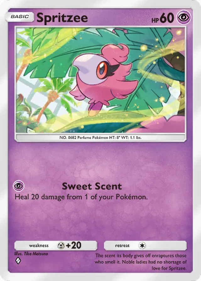 Spritzee, Crimson Blaze #035, Basic Psychic Pokémon, illustrated by Tika Matsuno