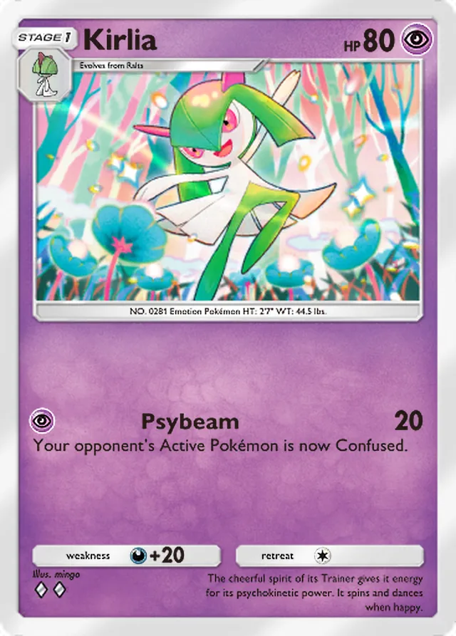 Kirlia, Fantastical Parade #064, Stage 1 Psychic Pokémon, illustrated by mingo