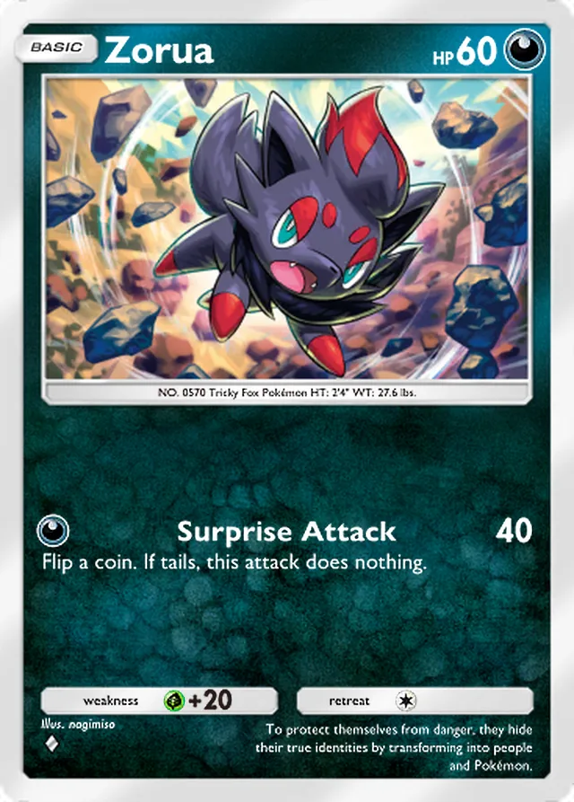 Zorua, Mega Shine #043, Basic Darkness Pokémon, illustrated by nagimiso