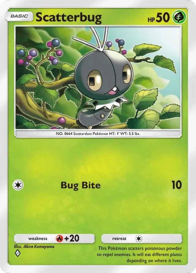 Scatterbug, Fantastical Parade #011, Basic Grass Pokémon, illustrated by Akira Komayama