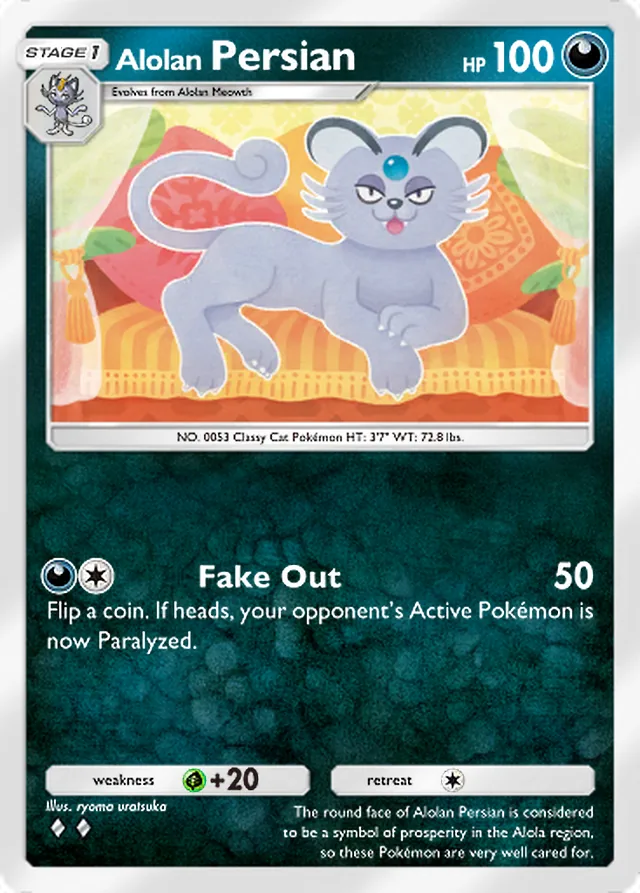 Alolan Persian, Extradimensional Crisis #038, Stage 1 Darkness Pokémon, illustrated by ryoma uratsuka